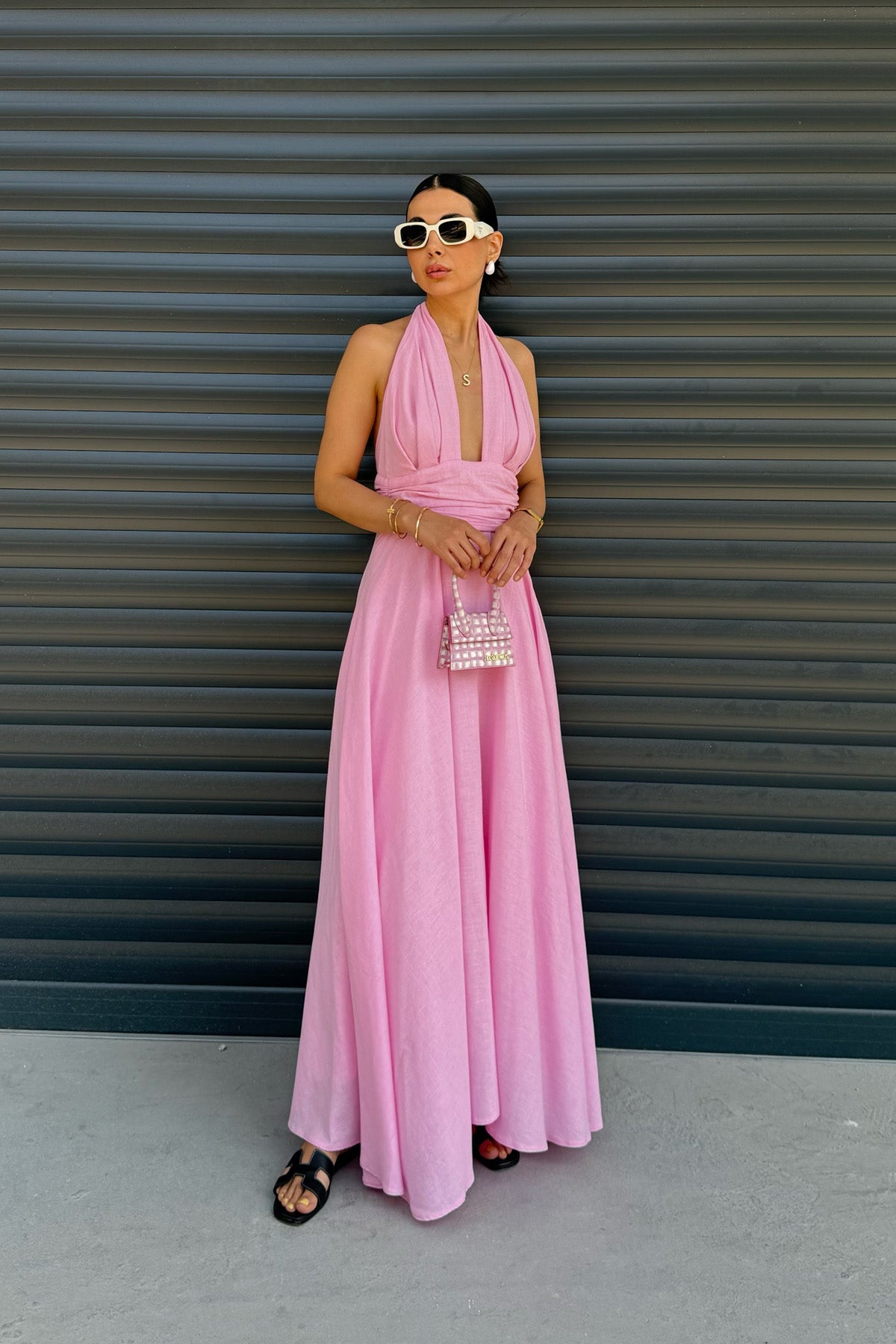 Pembe Puglia Tasarım Sırt Detaylı Keten Elbise SY-2263-Pembe