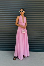 Pembe Puglia Tasarım Sırt Detaylı Keten Elbise SY-2263-Pembe