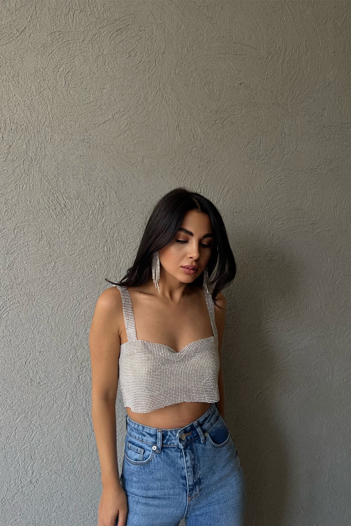 Gümüş Taşlı Kalın Askılı Büstiyer SY-1229-Gümüş