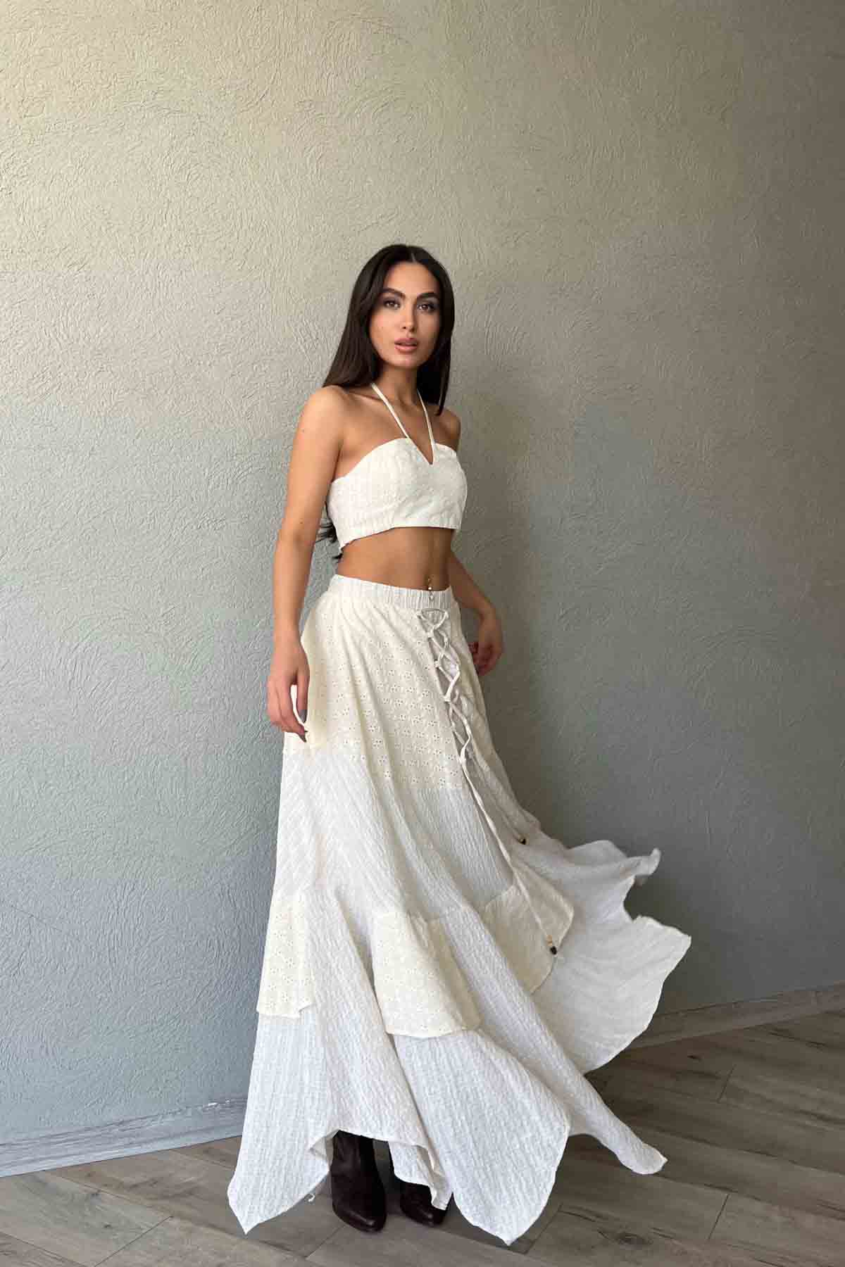 Bej Beli Lastikli Önü İp Detaylı Fırfırlı Etek SY-1937-Bej