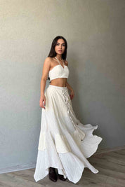 Bej Beli Lastikli Önü İp Detaylı Fırfırlı Etek SY-1937-Bej