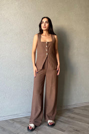 Kahverengi Kare Yaka Keten Yelek SY-3350-Kahverengi