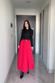 Pilili Volanlı Kırmızı Midi Etek SY-3472-Kırmızı