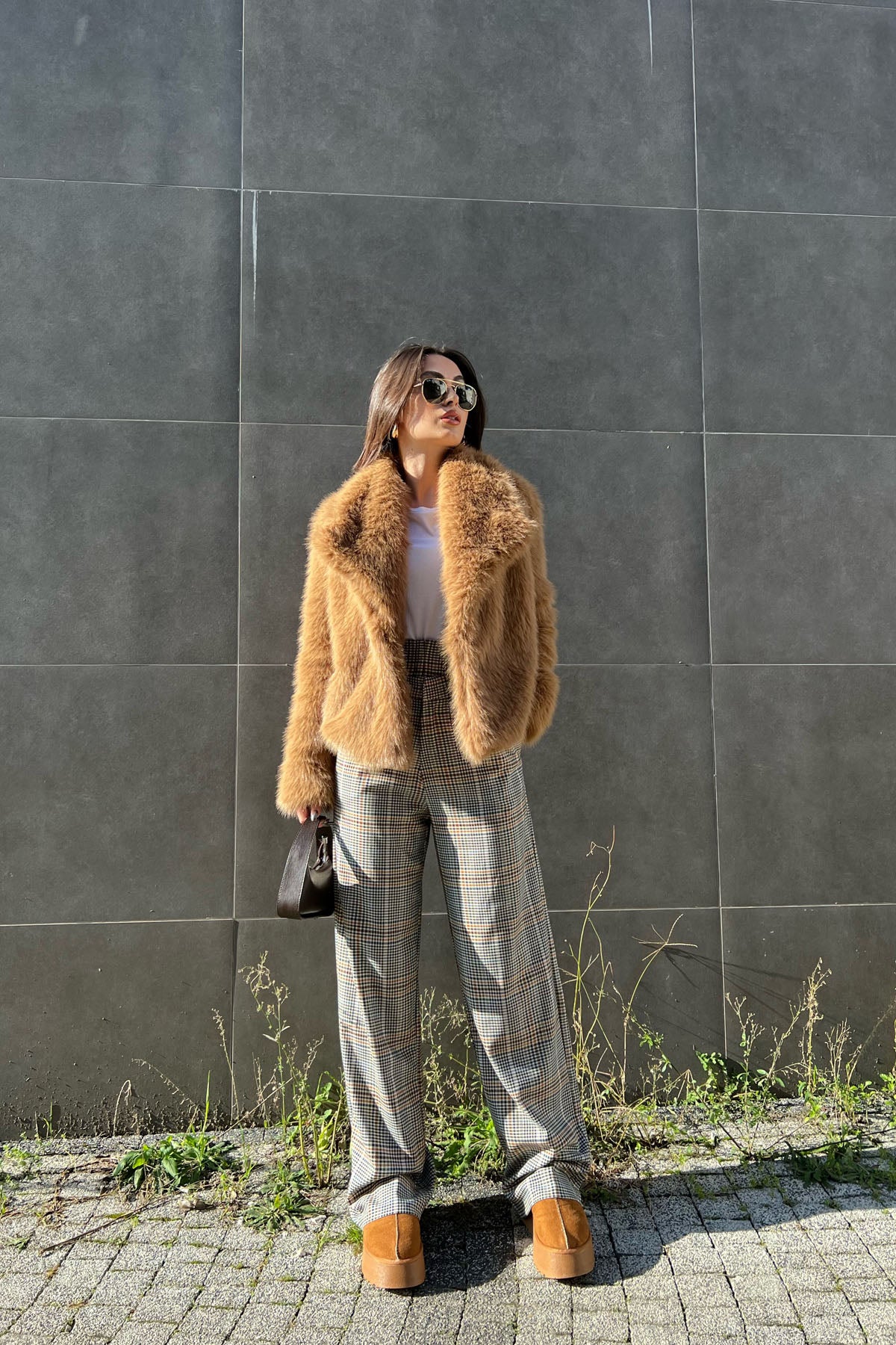 Bej Desenli Çift Bel Detaylı Bol Paça Pantolon SY-1471-Bej