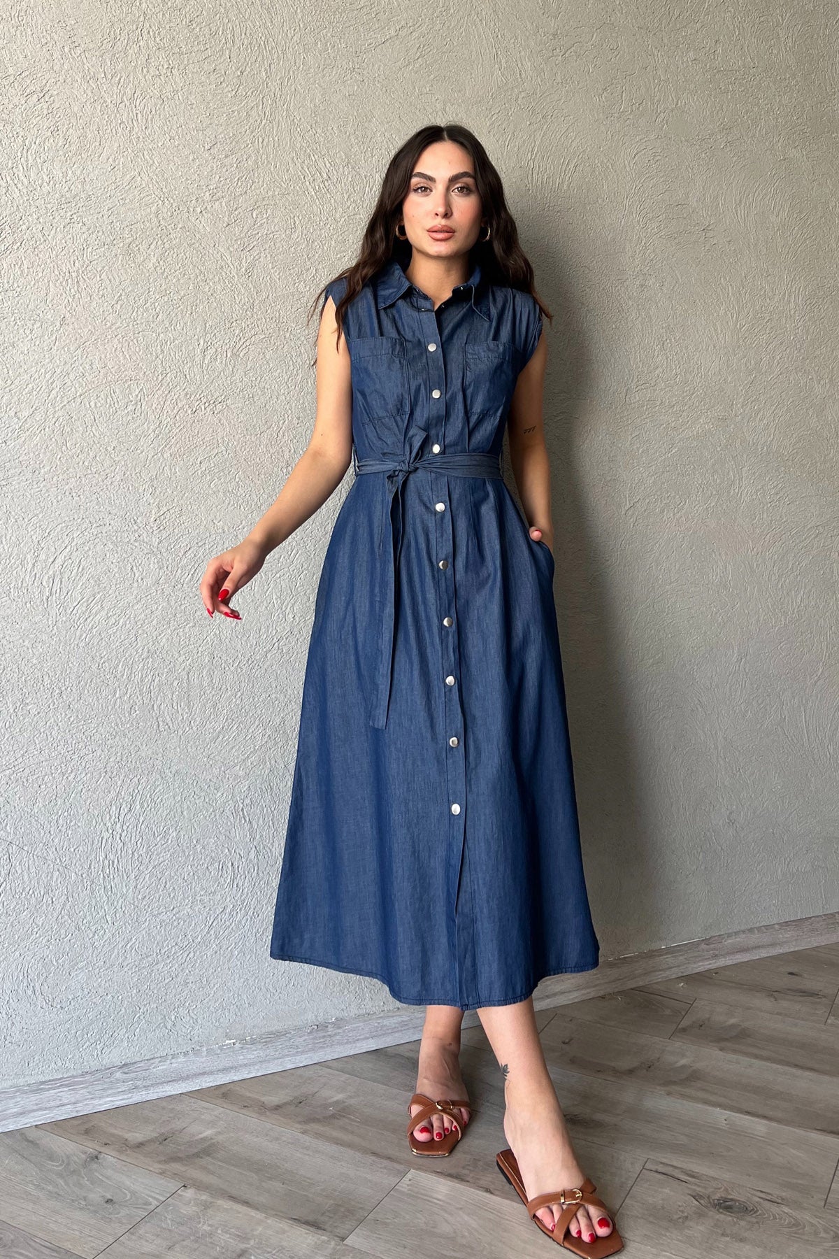 Mavi Vatkalı ÇıtÇıt Detaylı Elbise SY-2125-Mavi