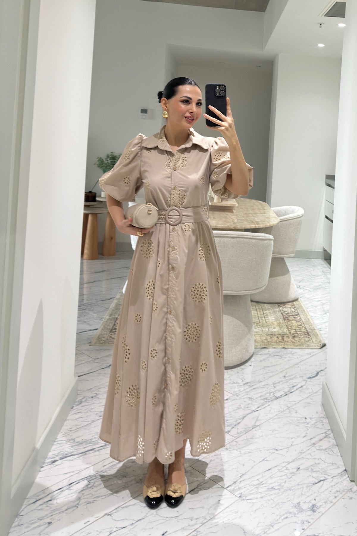 Bej Balon Kol Kemerli Brode Elbise SY-3637-Bej