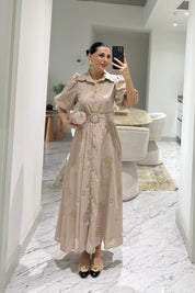 Bej Balon Kol Kemerli Brode Elbise SY-3637-Bej