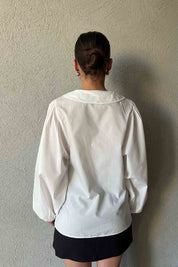 Beyaz Bebe Yaka Taş Düğme Detaylı  Balon Kol Gömlek SY-1819-Beyaz