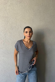 Beyaz Çizgili Koyu Lacivert V Yaka Basic T-shirt SY-0250-Koyu Lacivert