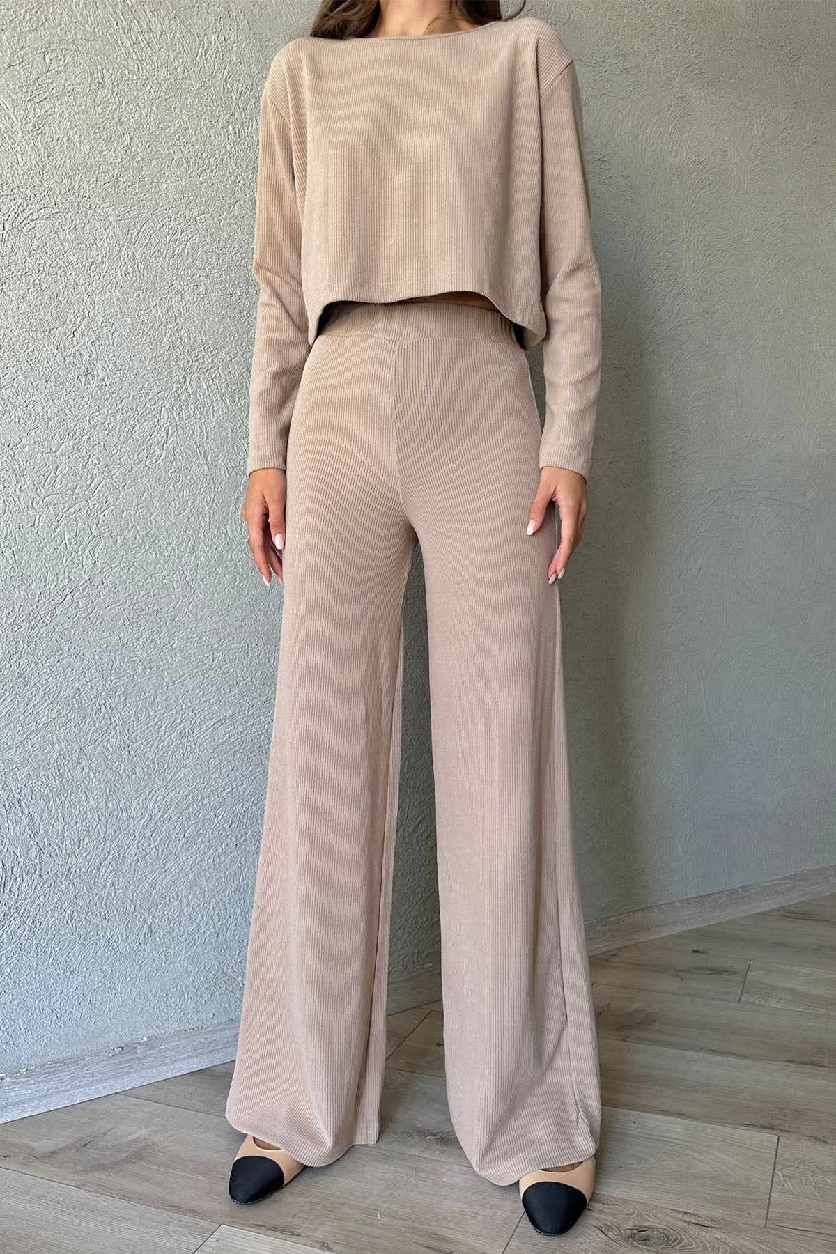 Camel Fitilli Beli Lastikli Pantolon Ve Bluz Takım SY-1076-Camel
