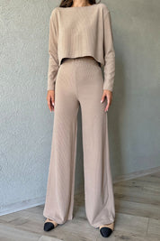 Camel Fitilli Beli Lastikli Pantolon Ve Bluz Takım SY-1076-Camel