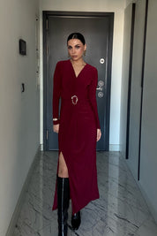 Kruvaze Yaka Uzun Kol Tokalı Bordo Elbise SY-3520-Bordo