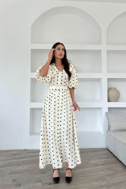 Bej Puantiye Desenli Düğme Detaylı Balon Kol Elbise SY-1790-Bej