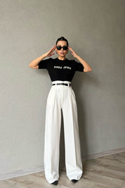 Beyaz Kemer Detaylı Yüksek Bel Geniş Paça Pantolon SY-1681-Beyaz
