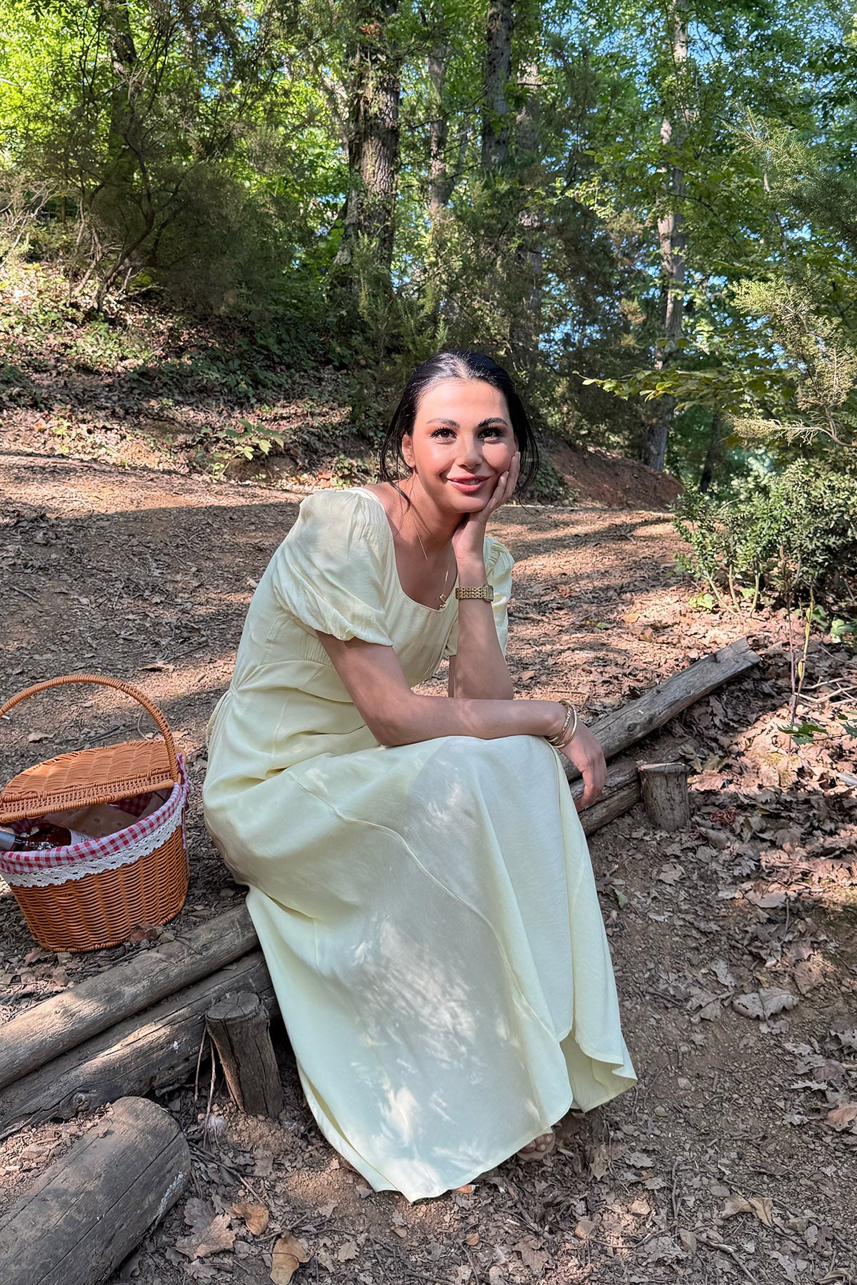 Sarı Göğüs Büzgülü Elbise SY-3235-Sarı