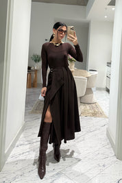 Kahve Taka Detaylı Pareo Kloş Etek SY-3536-Kahve