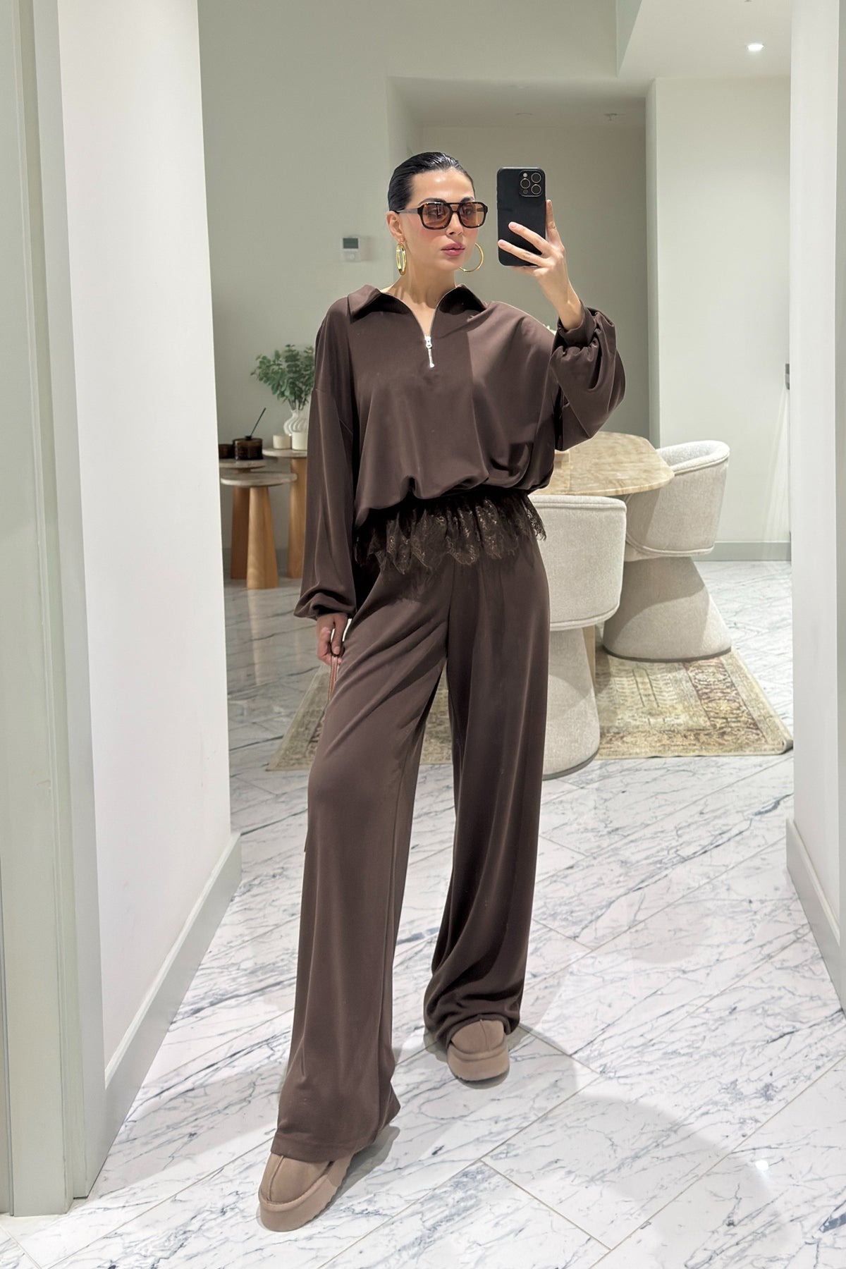 Kahverengi Dantel Detaylı Eşofman10Takım SY-3627-Kahverengi