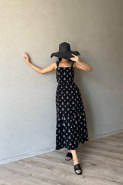 Siyah Desenli Kolu Fırfırlı Bağlamalı Elbise SY-2347-Siyah