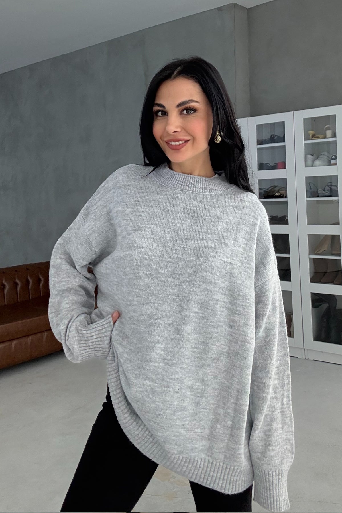 Gri Bisiklet Yaka Lastikli Pinterest Triko Kazak SY-3368-Gri