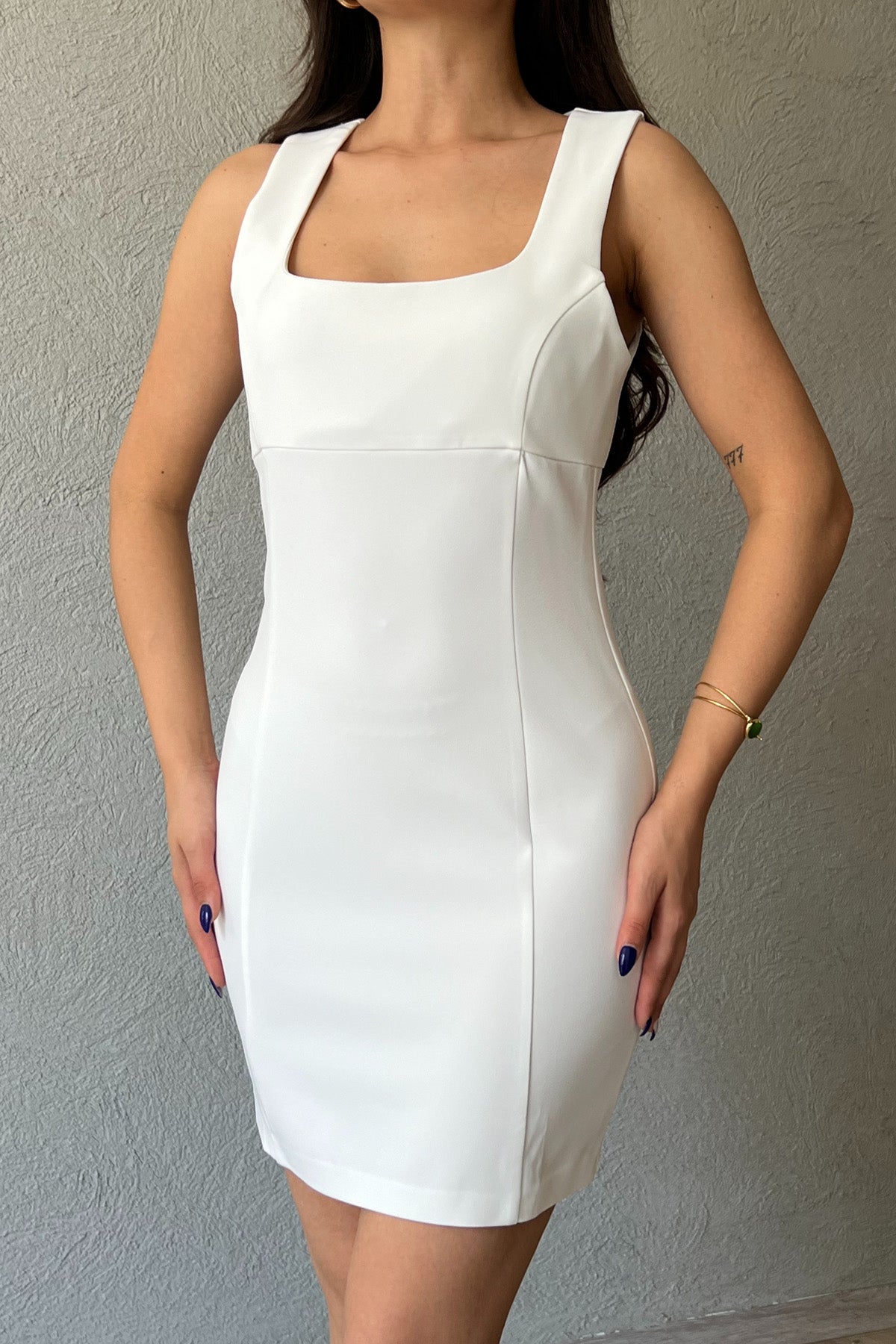 Ekru Kare Yaka Detaylı Elbise SY-2031-Ekru