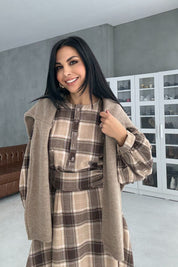 Ekose Desenli Kuşaklı Midi Elbise SY-3465-Kahverengi