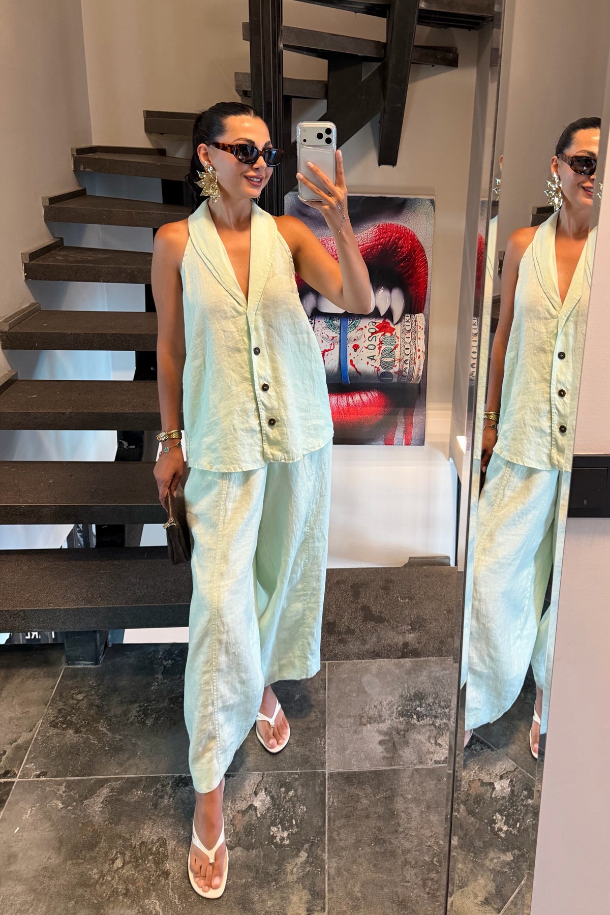 %100 Keten Su Yeşili Yelek Pantolon Takım SY-3763-Su Yeşili