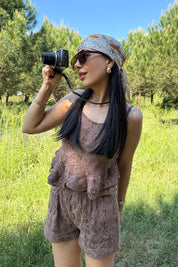 Kahve Askılı Şortlu Kroşe Takım SY-3184-Kahve