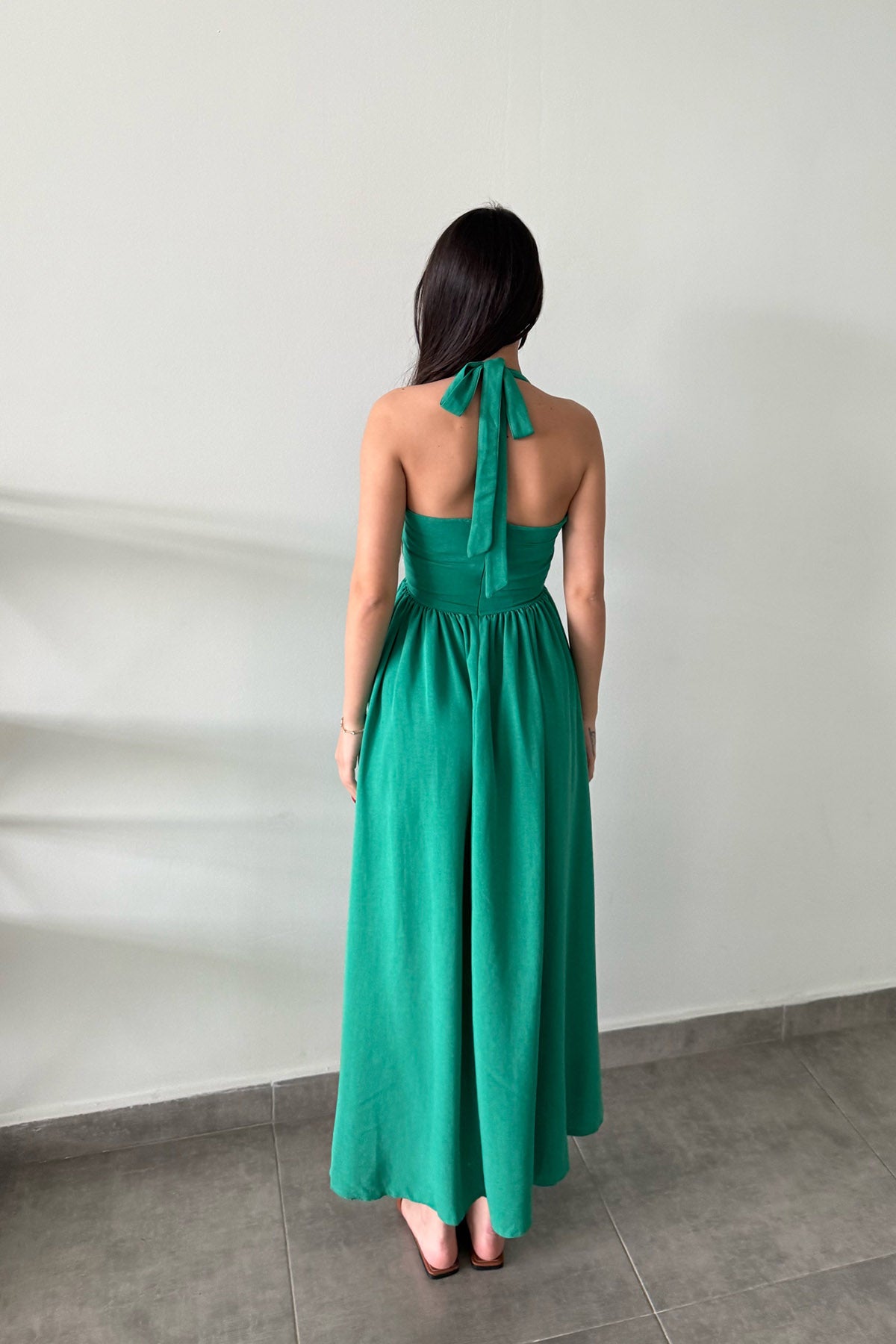 Boyundan Bağlamalı Yeşil Yaz Esintisi Keten Elbise SY-3083-Yeşil