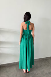 Boyundan Bağlamalı Yeşil Yaz Esintisi Keten Elbise SY-3083-Yeşil