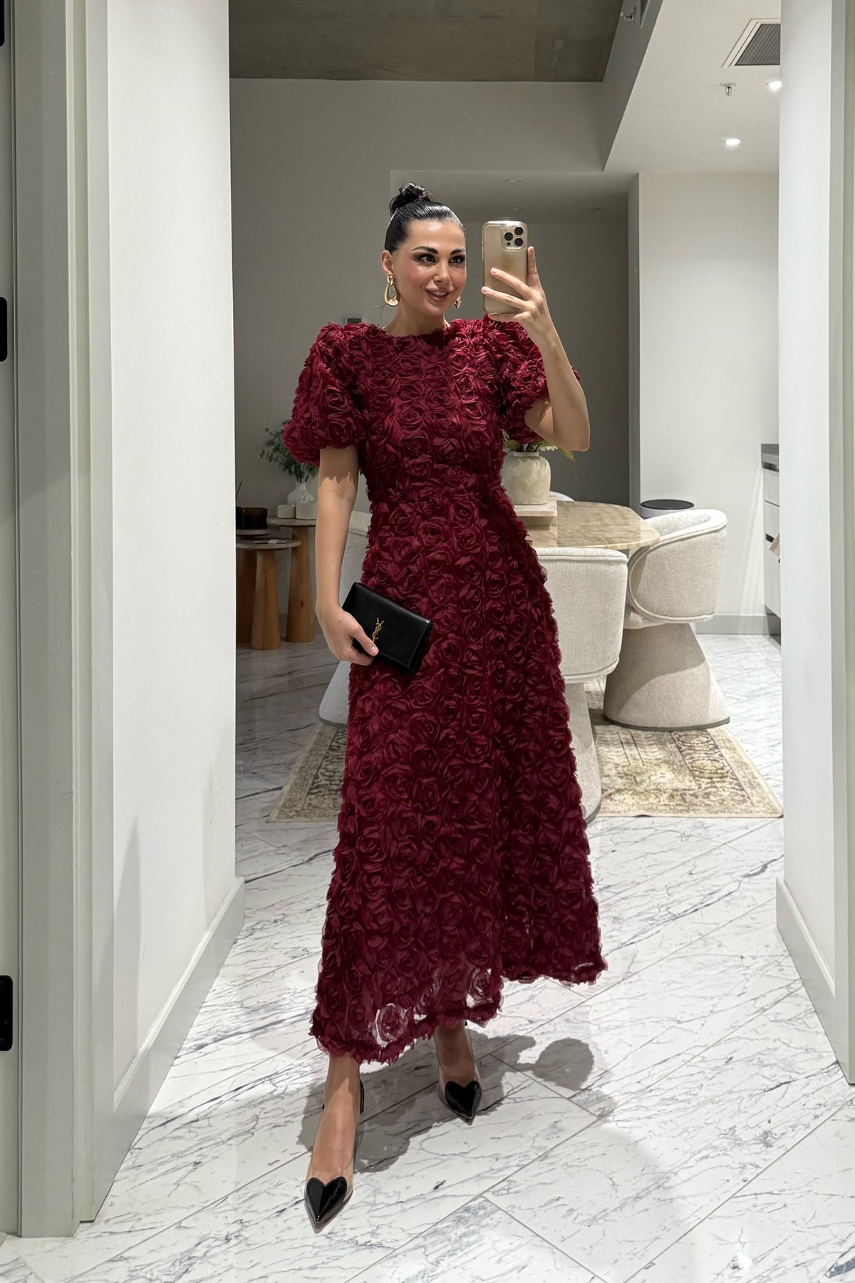 Gül Detaylı Bordo Rosella Özel Tasarım Elbise SY-3519-Bordo