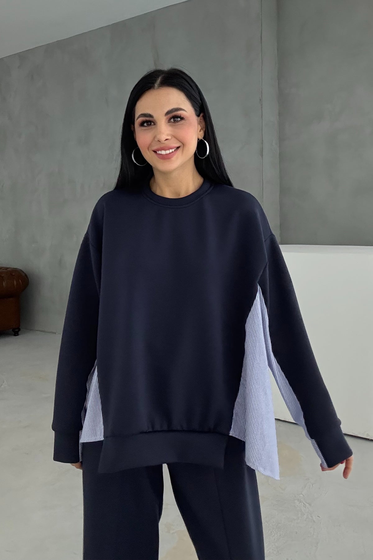 Lacivert Garnili Şalvarlı Modal Takım SY-3385-Lacivert