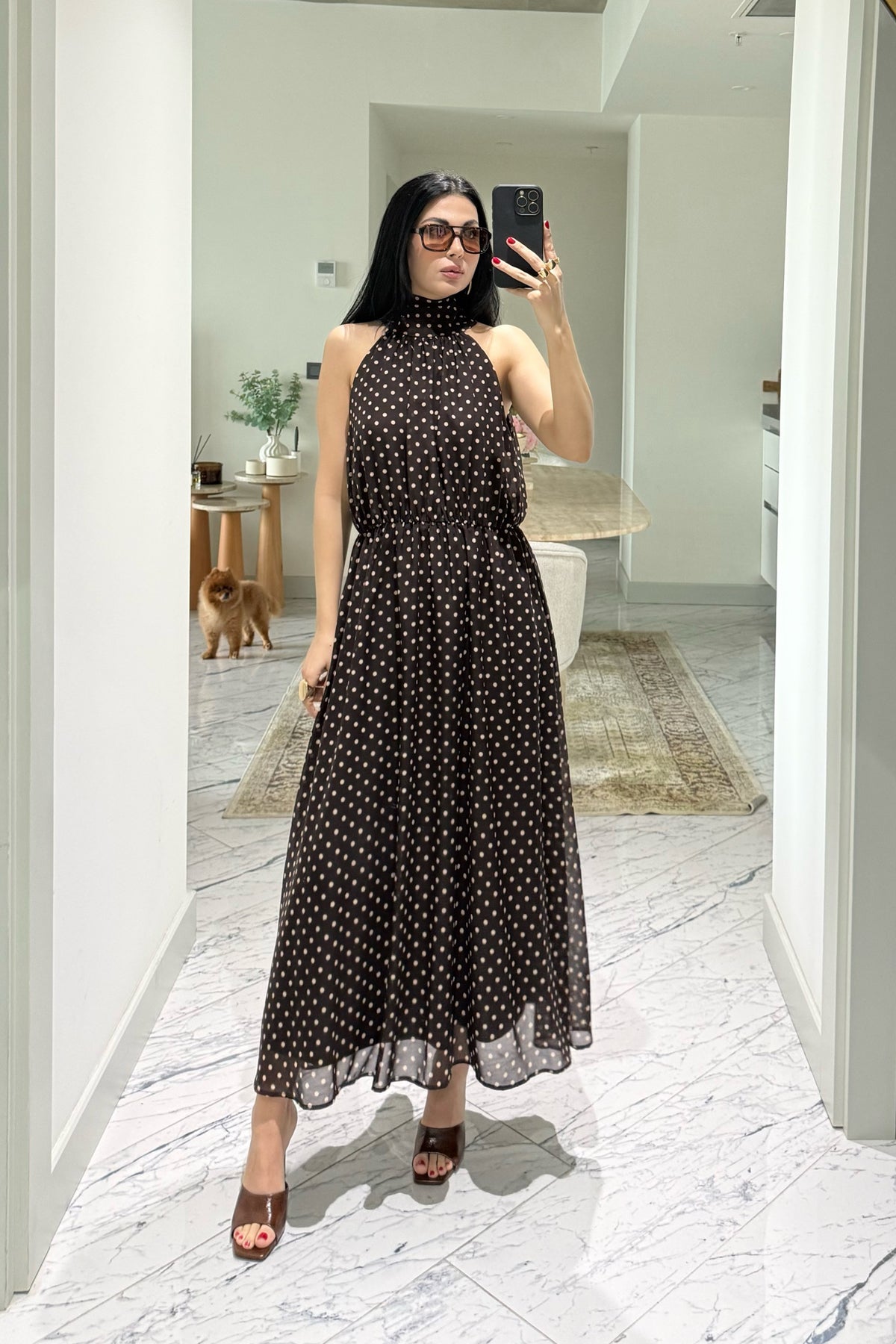 Kahverengi Halter Yaka Puantiyeli Elbise SY-3665-Kahverengi