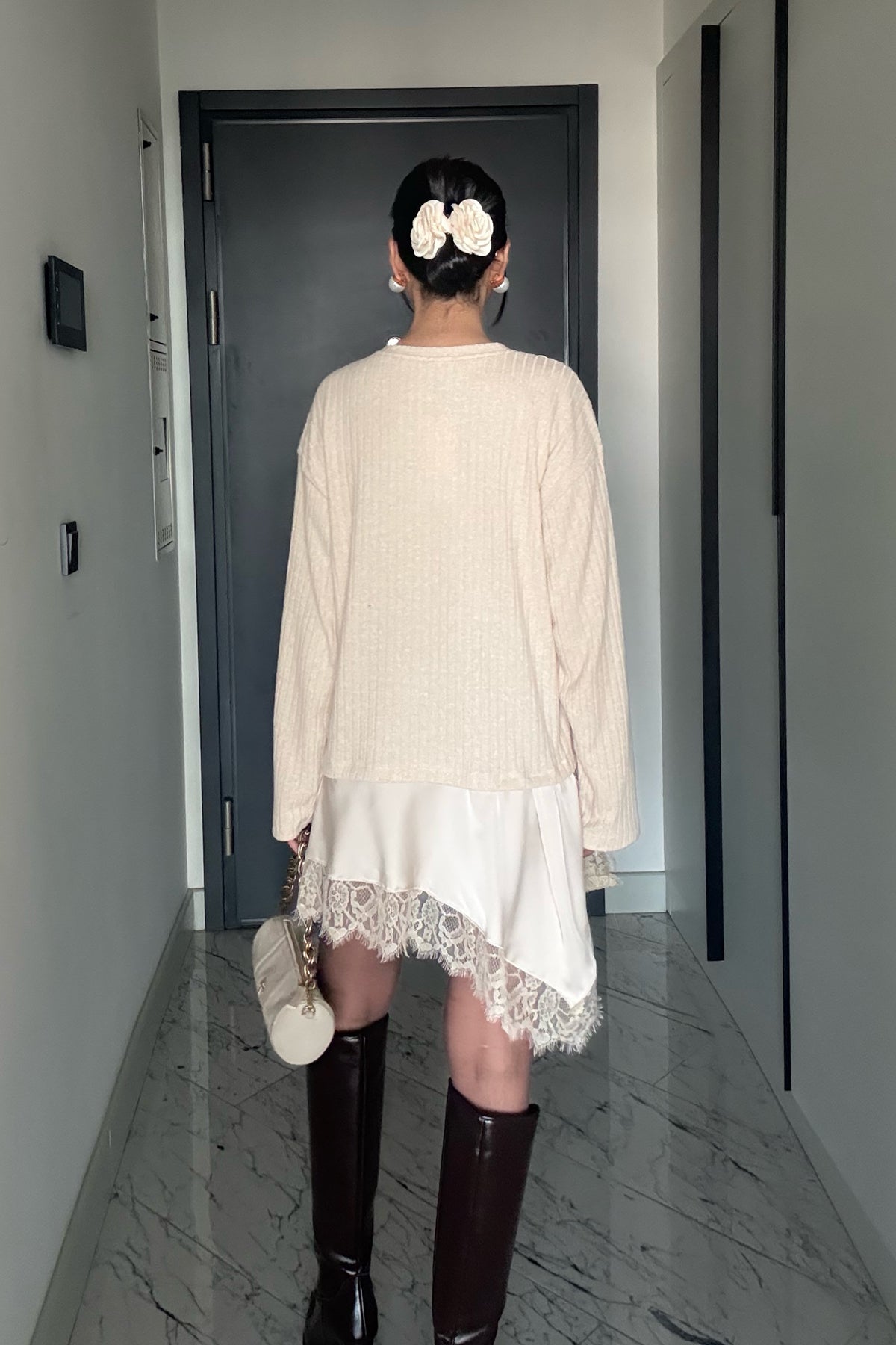 Bej Dantel Detaylı Saten Triko Bluz-Elbise SY-3504-Bej