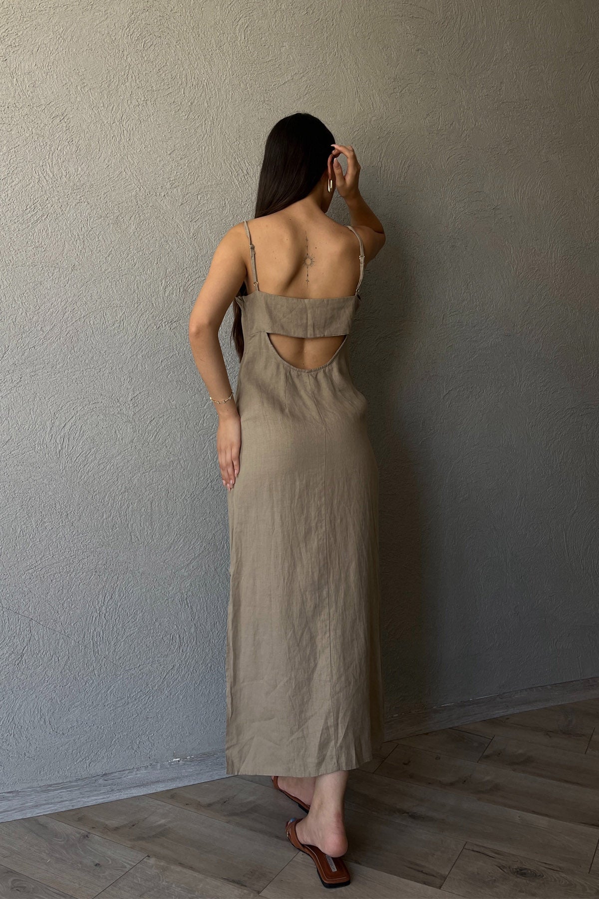 Açık Haki Pencere Detay Keten Elbise SY-2355-Açık Haki