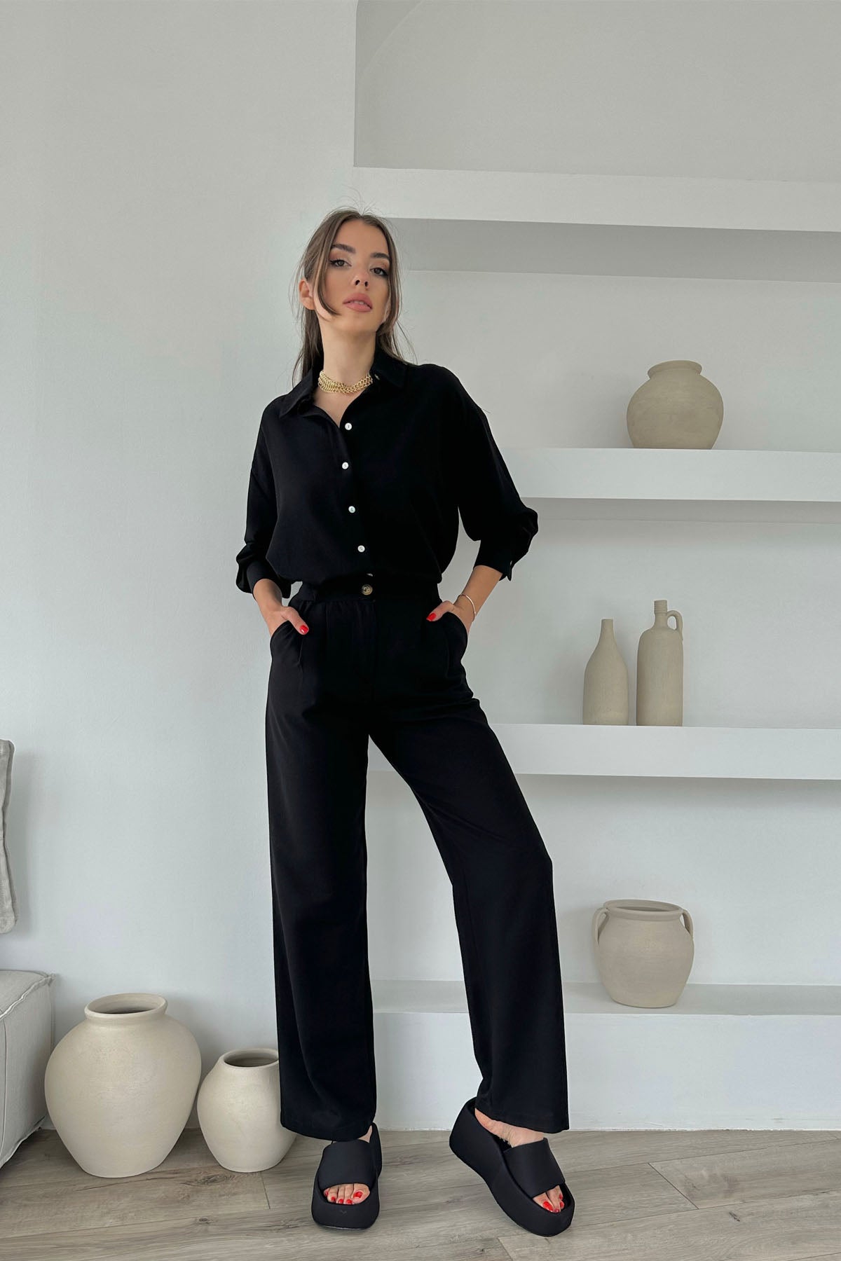 Siyah Belden Pens Dikişli Bol Paça Gömlekli Keten Takım SY-0357-Siyah