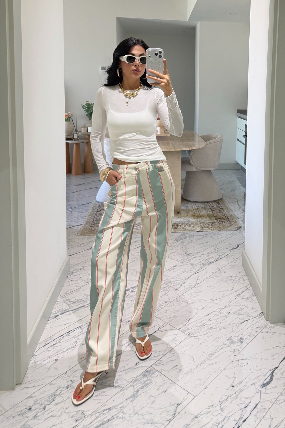 Mint Ekru Çizgili Tapered Jean Pantolon SY-3828-Ekru