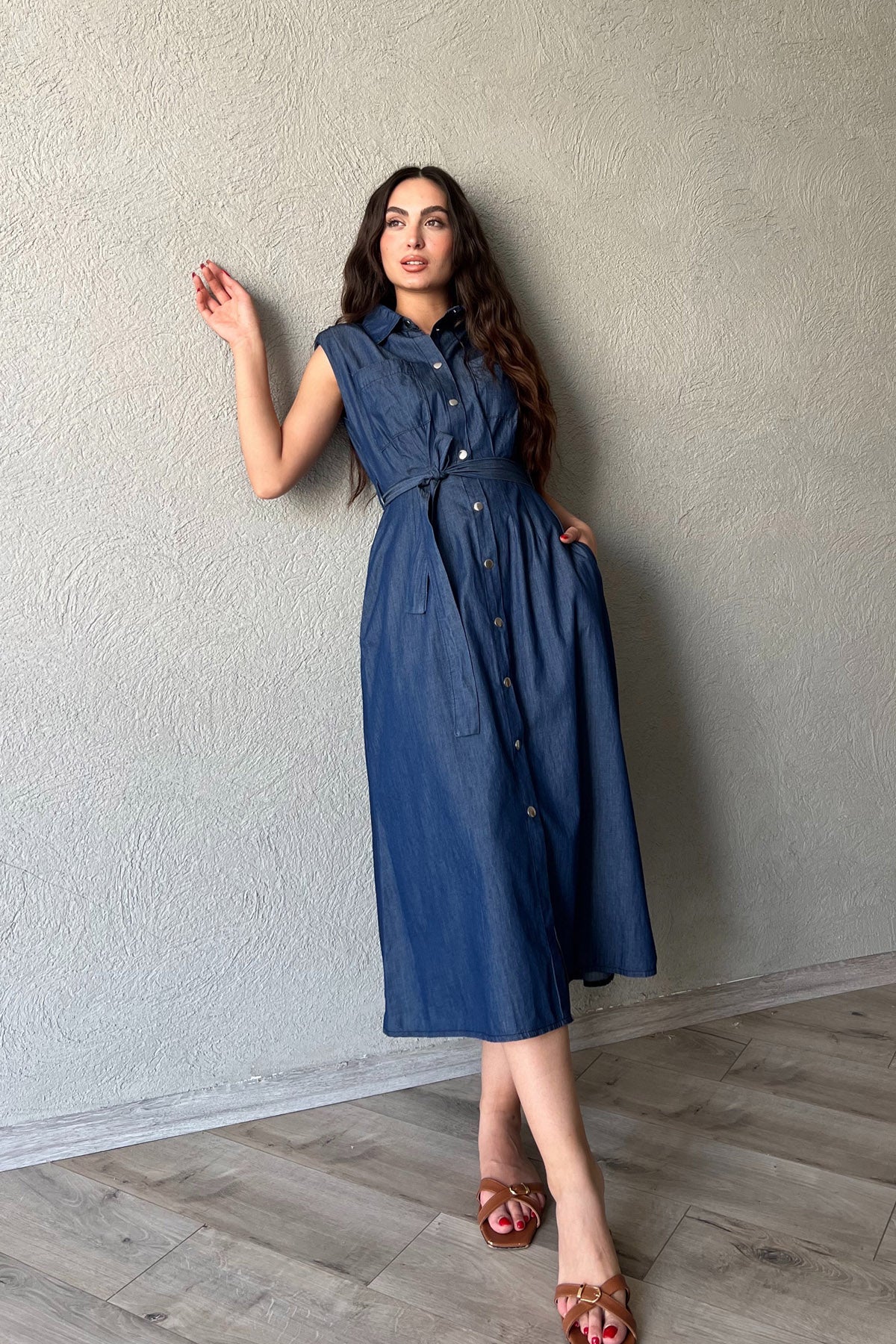 Mavi Vatkalı ÇıtÇıt Detaylı Elbise SY-2125-Mavi