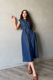 Mavi Vatkalı ÇıtÇıt Detaylı Elbise SY-2125-Mavi