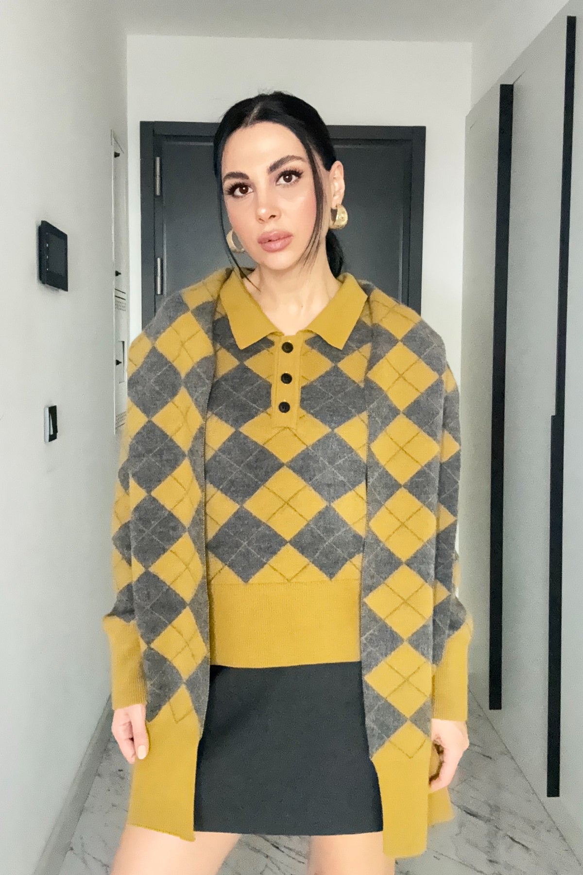 Kendinden Şallı Baklava Desenli Polo Yaka Triko SY-3563-Yağ Yeşili