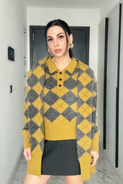 Kendinden Şallı Baklava Desenli Polo Yaka Triko SY-3563-Yağ Yeşili