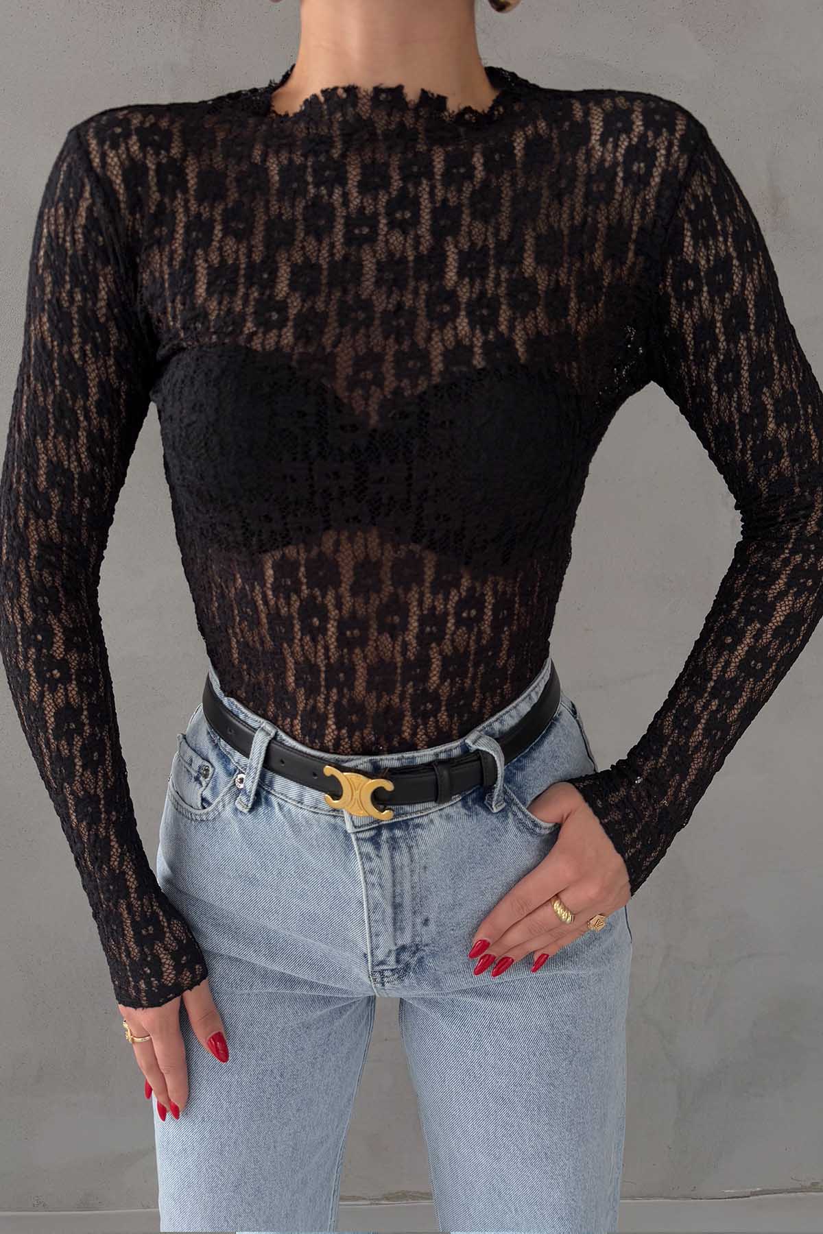 Slim Fit Uzun Kollu Dik Yaka Siyah Transparan Dantel Bluz SY-2995-Siyah