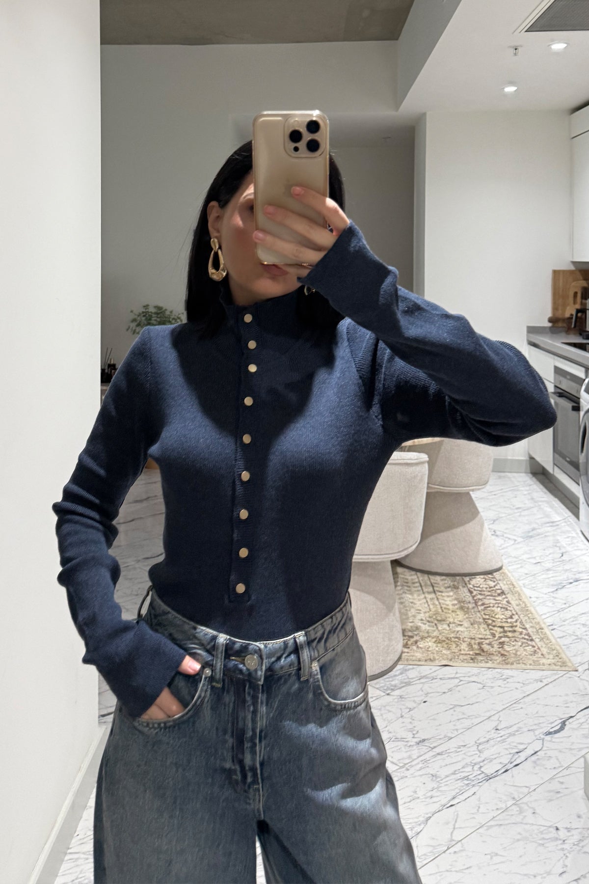 Lacivert Dik Yaka Çıtçıtlı Triko Kazak SY-3502-Lacivert