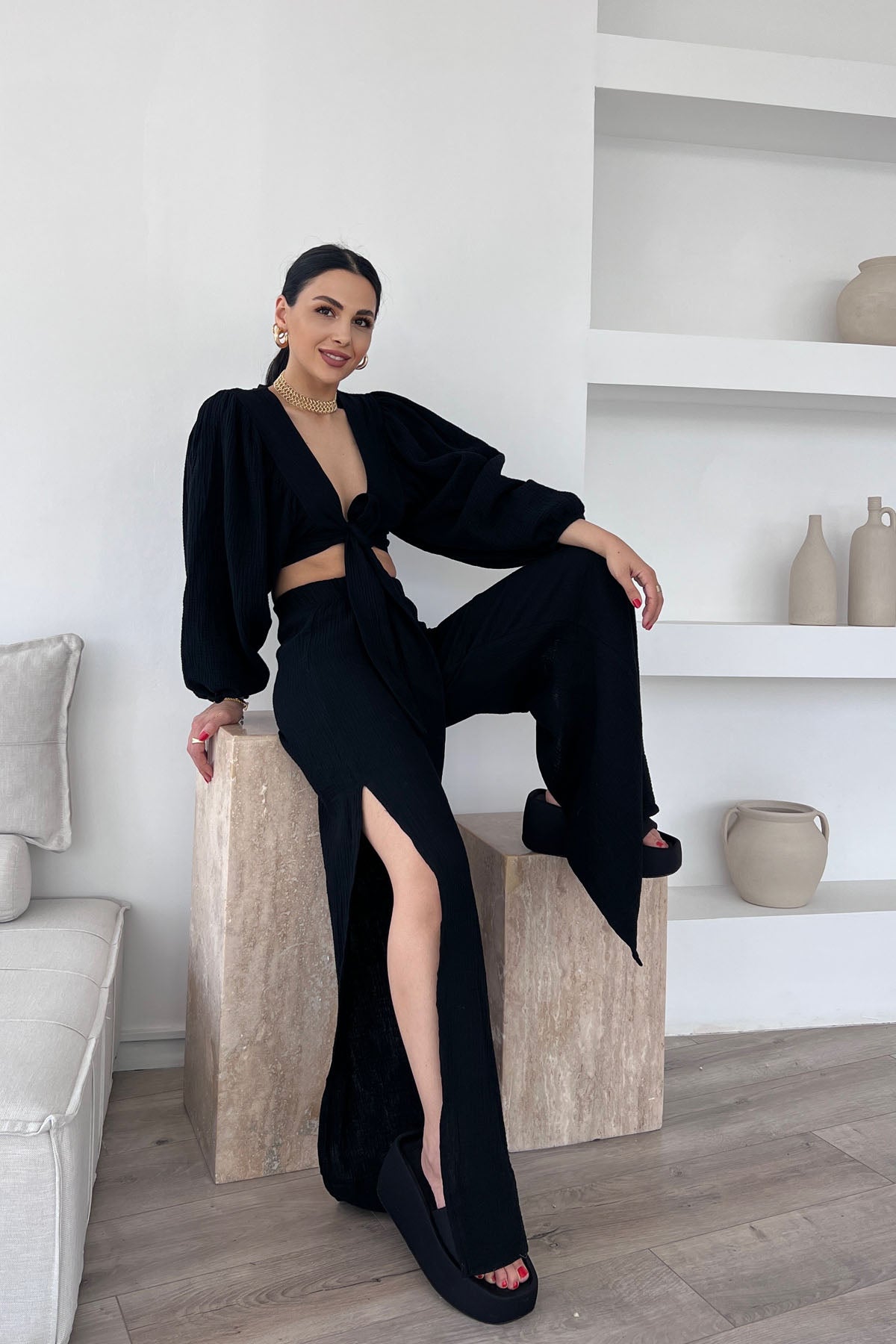 Siyah Bel Lastikli Derin Yırtmaçlı Pantolon SY-0458- Siyah