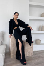 Siyah Bel Lastikli Derin Yırtmaçlı Pantolon SY-0458- Siyah