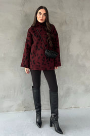 Bordo Leopar Desen Yarım Balıkçı Triko Kazak SY-2652-Bordo