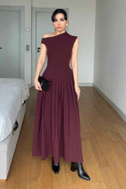 Bordo Kayık Yaka Bel Detaylı Pileli Elbise SY-2962-Bordo