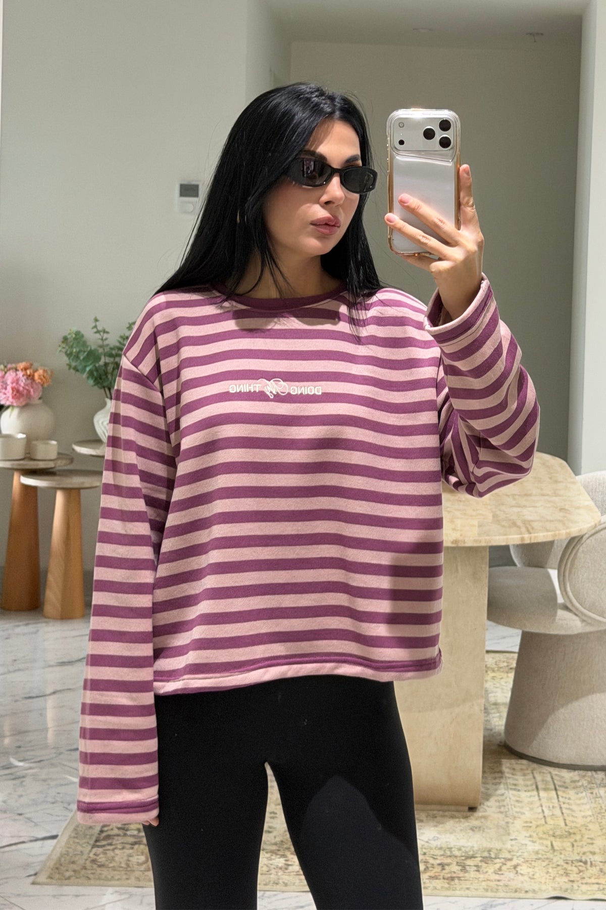 Mürdüm-Pudra Çizgili Basic Sweatshirt SY-3902-Mürdüm