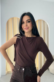 Kahve Akıcı Broşlu Body SY-3481-Kahverengi