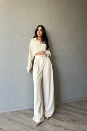 Ekru Yarım Fermuarlı Crop Triko Kazak SY-1547-Ekru