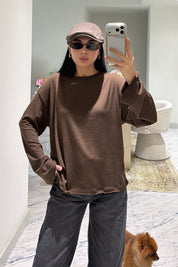 Kahve Bisiklet Yaka Oversize Basic Bluz SY-3899-Kahverengi